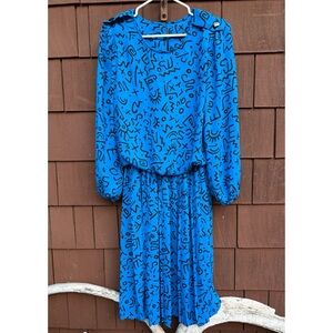 FLAWED Vintage 80s blouson blue black print long sleeve midi Women's Dress